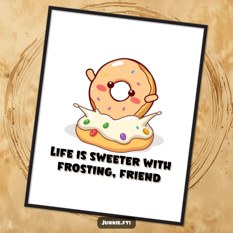 Funny Free Printable Wall Art: A cheerful donut performing an acrobatic flip into a thick pool of frosting.