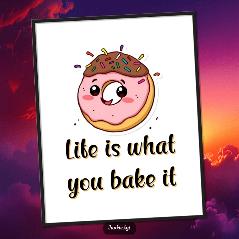 Funny Free Printable Wall Art: Happy donut with sprinkle hair spinning rapidly, a vibrant and playful decor piece.