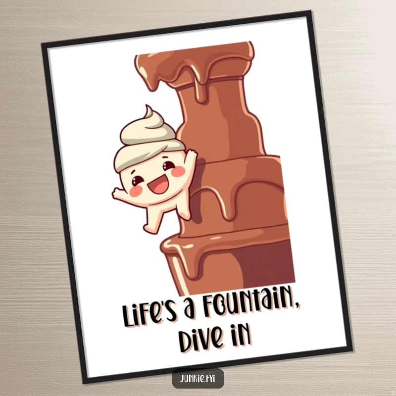 Funny Free Printable Wall Art: Joyful food character smiling, dangling precariously over a chocolate fountain, creating a humorous scene.