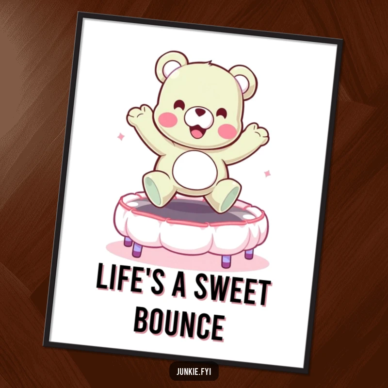 Funny Free Printable Wall Art: A cheerful gummy bear character gleefully bouncing high on a soft marshmallow trampoline, full of energy.
