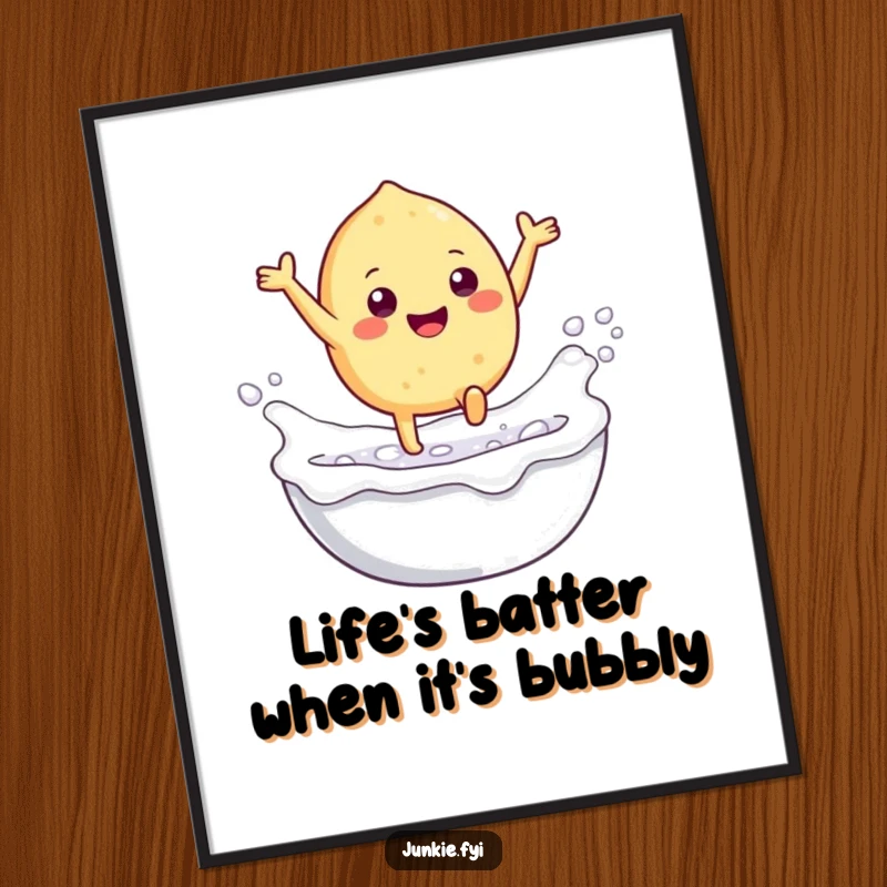 Funny Free Printable Wall Art: Gleeful food character with tiny legs leaping into a bubbly, foamy bath of milk, adding decor.