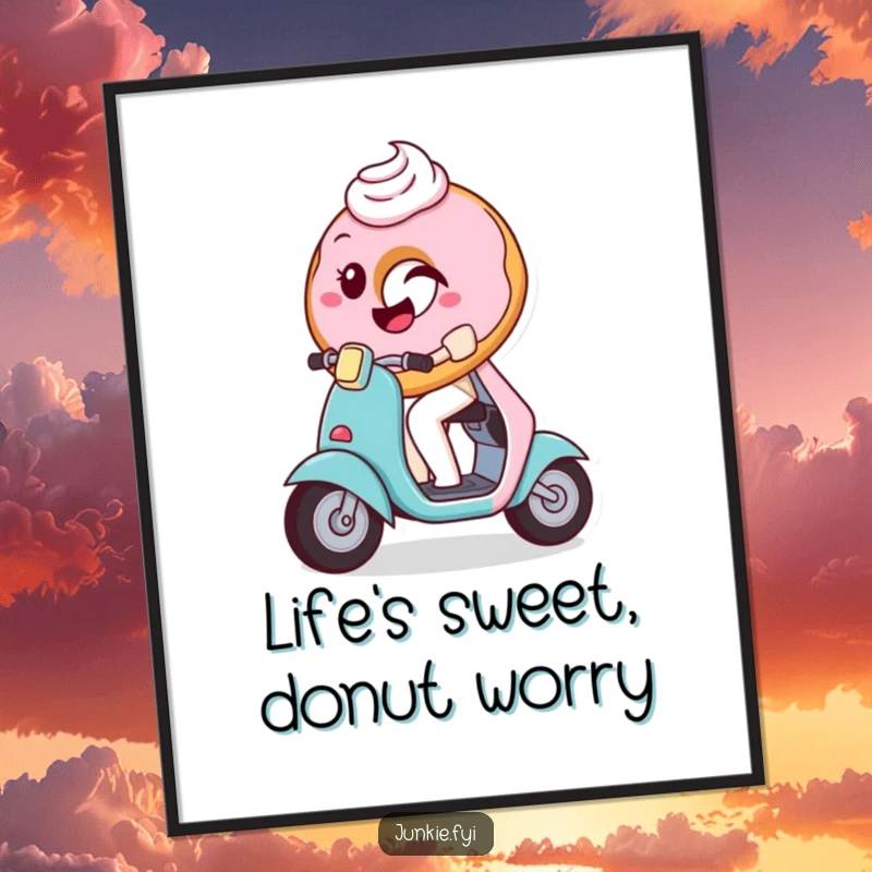 Funny Free Printable Wall Art: A playful donut character with frosting winks while riding a tiny scooter, bringing cheer.
