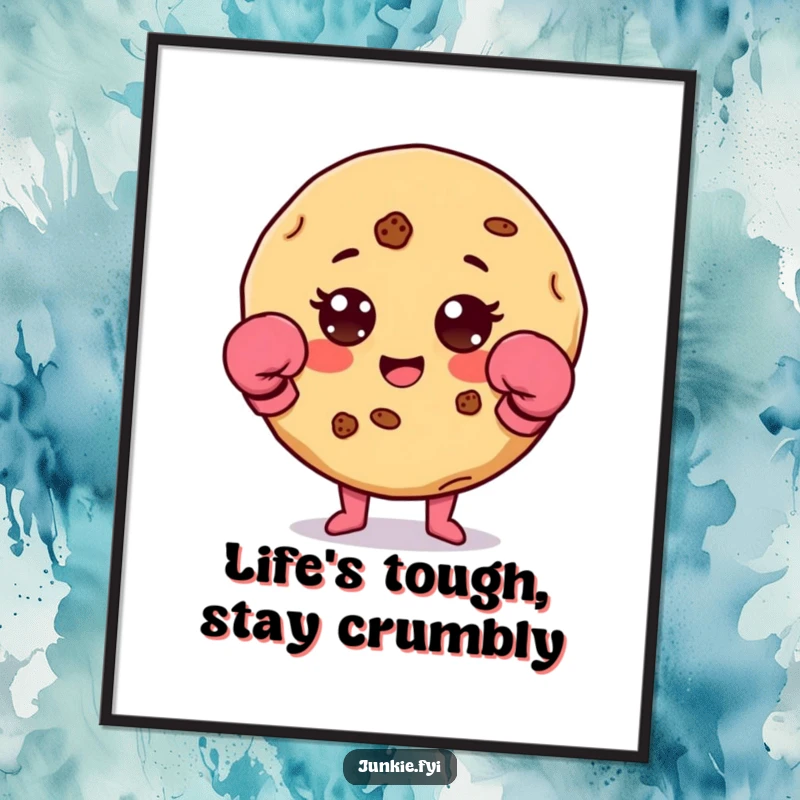 Funny free printable wall art of a delighted cookie character wearing tiny boxing gloves, ready to fight.