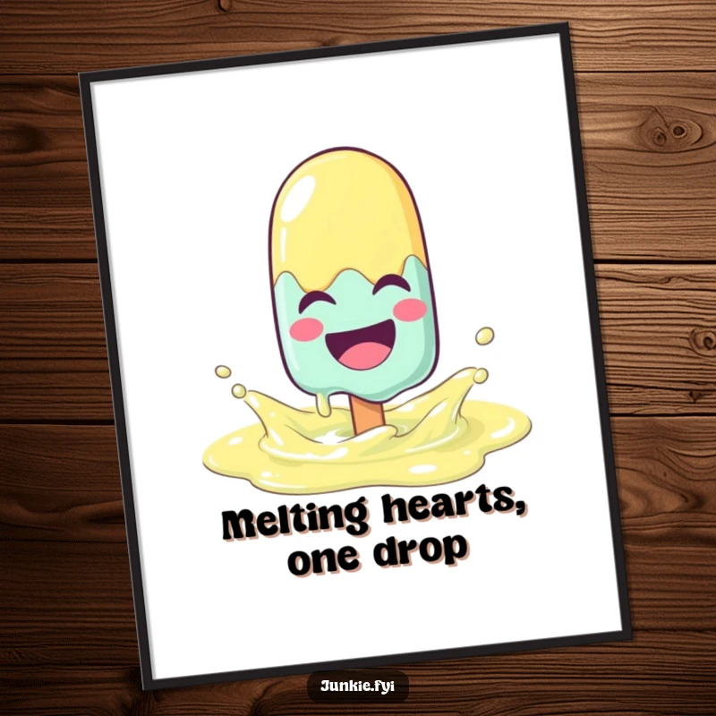 Funny free printable wall art of a laughing popsicle character melting with joy in a lemonade puddle.