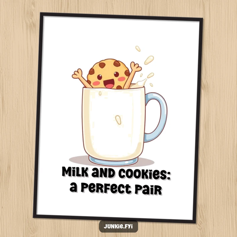 Funny Free Printable Wall Art: Delighted cookie character joyfully jumping into a giant mug of milk, whimsical art.