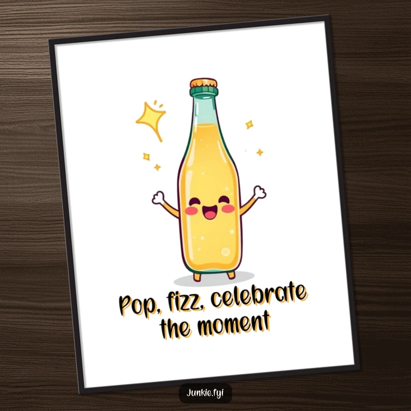 Funny Free Printable Wall Art: Happy soda bottle bursts with exciting fizz, radiating celebratory energy.