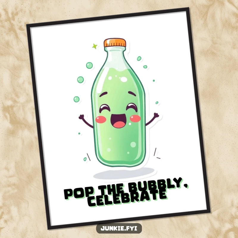 Funny Free Printable Wall Art: A delighted soda bottle character bubbling and fizzing over with infectious, overflowing happiness.