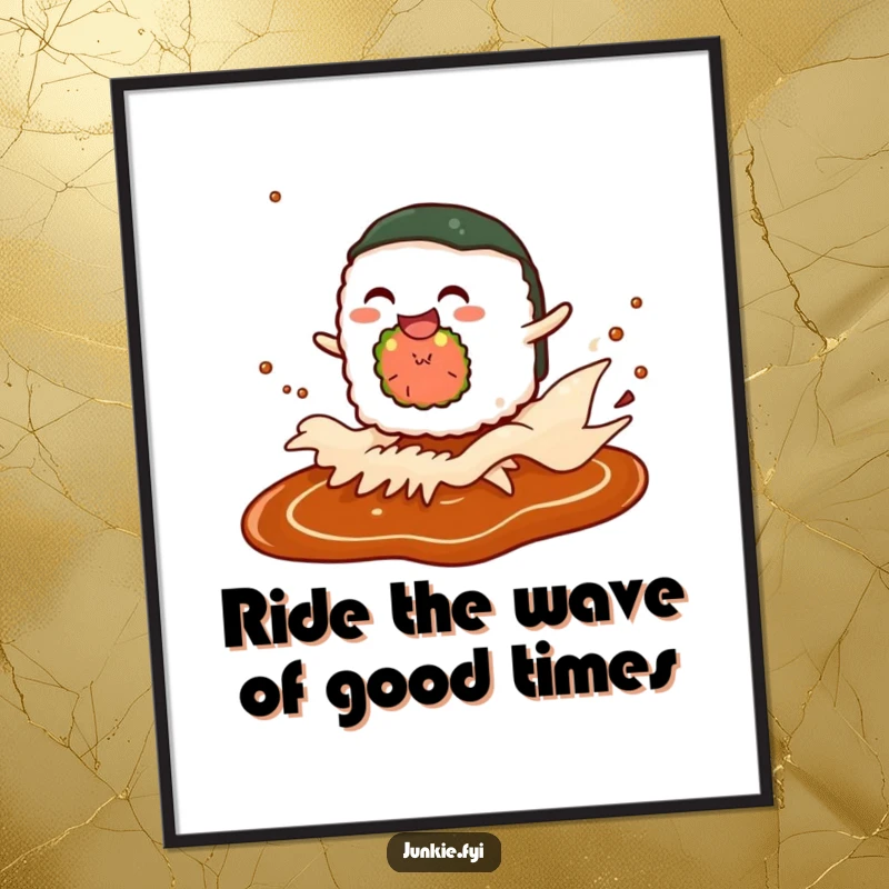 Funny Free Printable Wall Art: Giggling sushi roll character happily rides a wave of soy sauce, creating delightful decor.