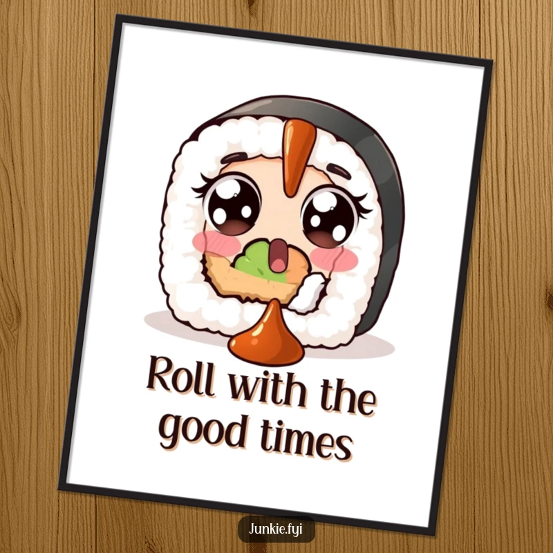 Funny Free Printable Wall Art: A surprised sushi roll with wide eyes looks shocked as a dollop of soy sauce falls towards it.