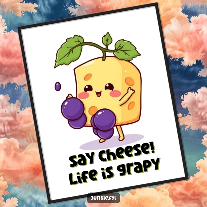 Funny Free Printable Kawaii Cheese Wall Art, spunky cheese character attempting to catch a grape, hilarious downloadable decor.