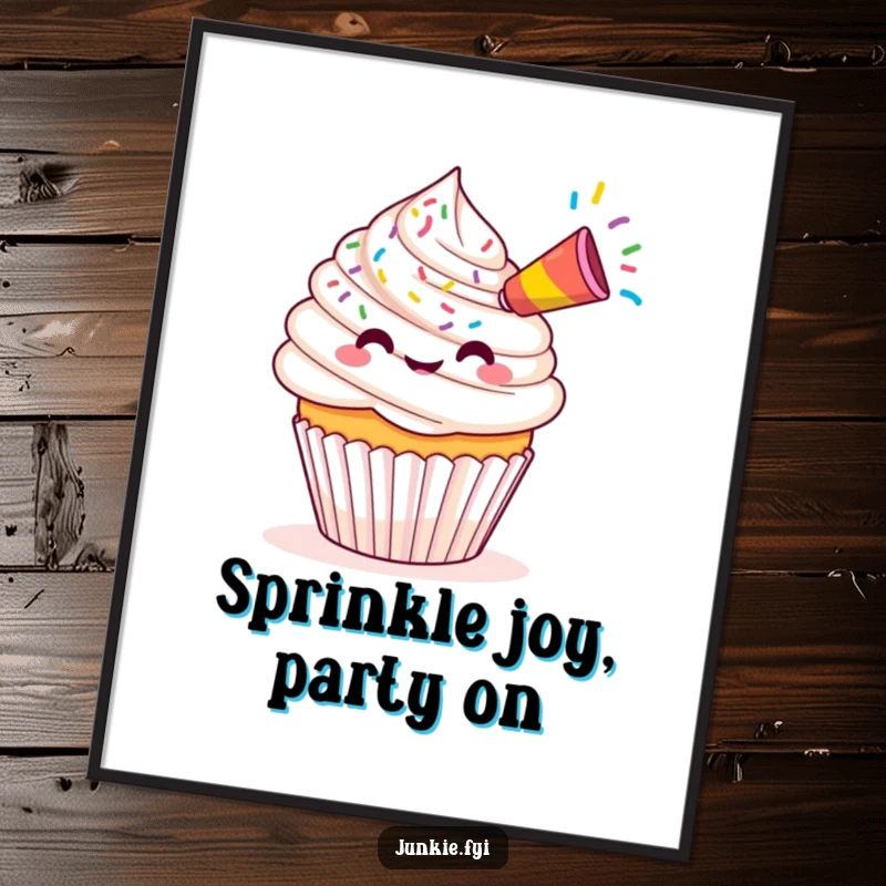 Funny Free Printable Wall Art: A charming Kawaii cupcake joyfully blows a colorful stream of sprinkles from a party horn.