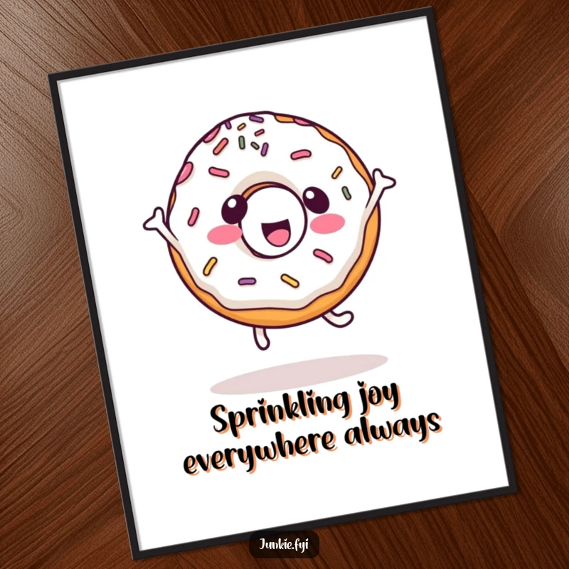 Funny Free Printable Wall Art of a cheerful kawaii donut character with sprinkles performing a joyful, energetic cartwheel.