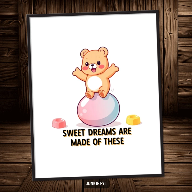 Funny free printable wall art of a bouncy gummy bear character gleefully bouncing on a giant jellybean.