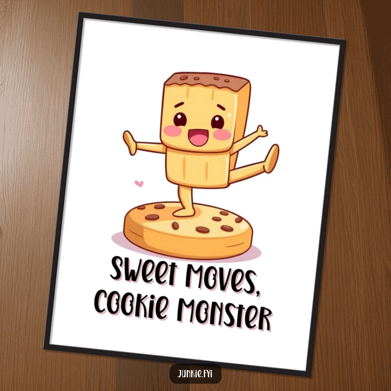 Funny Free Printable Wall Art: A candy bar character performs exciting gymnastics on a cookie, adding fun.