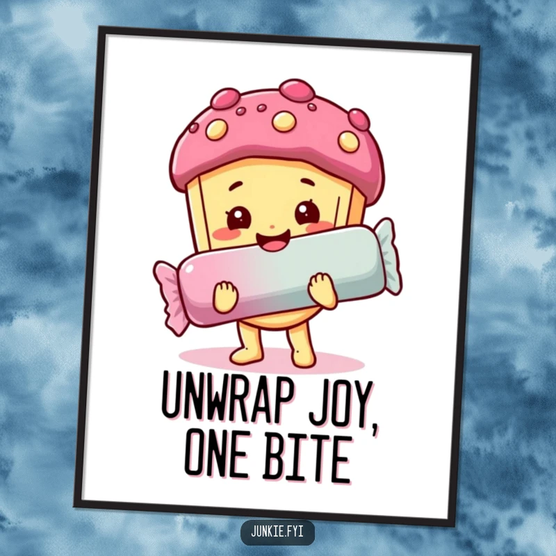 Funny Free Printable Wall Art: A happy food character with a sweet expression proudly holds a large candy bar, creating a cheerful scene.