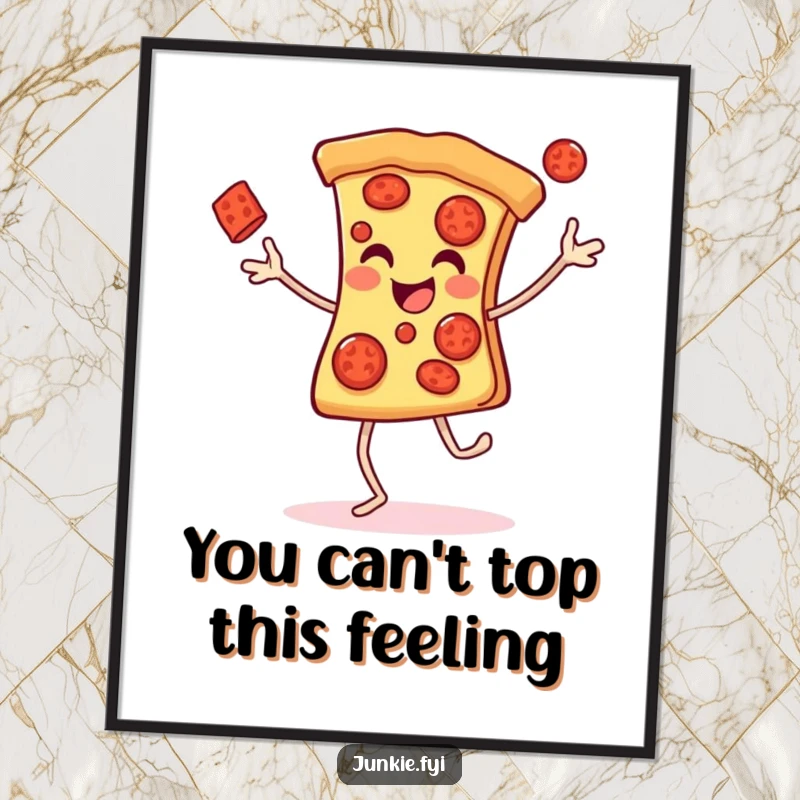Funny Free Printable Wall Art: A pizza slice character with legs gleefully juggling pepperonis, adding zest.