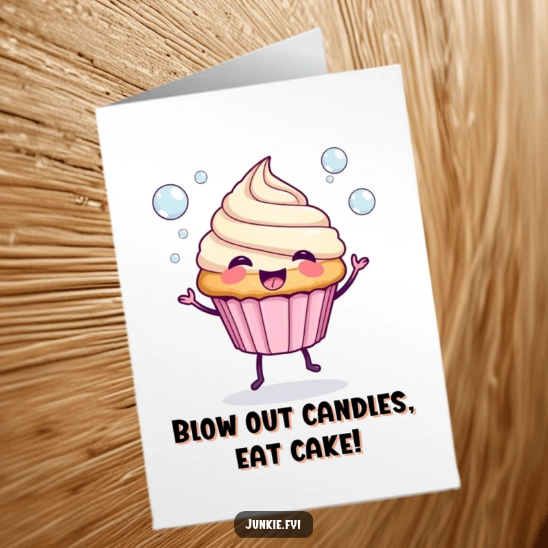 Funny Free Printable Birthday Card: Spunky cupcake with legs joyfully blows a stream of colorful bubbles.