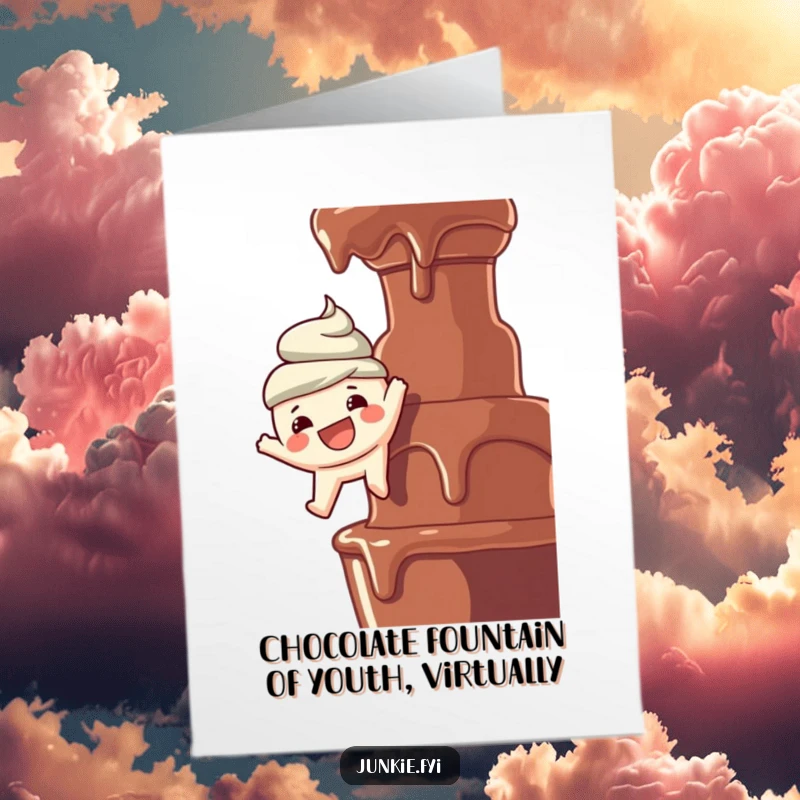 Funny Free Printable Birthday Card: Joyful food character smiling widely, dangling over a chocolate fountain, ready for a delicious dip.