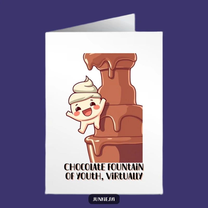 Free Printable Birthday Card: Funny Foodie Dangles Over Chocolate Fountain - Downloadable Gift