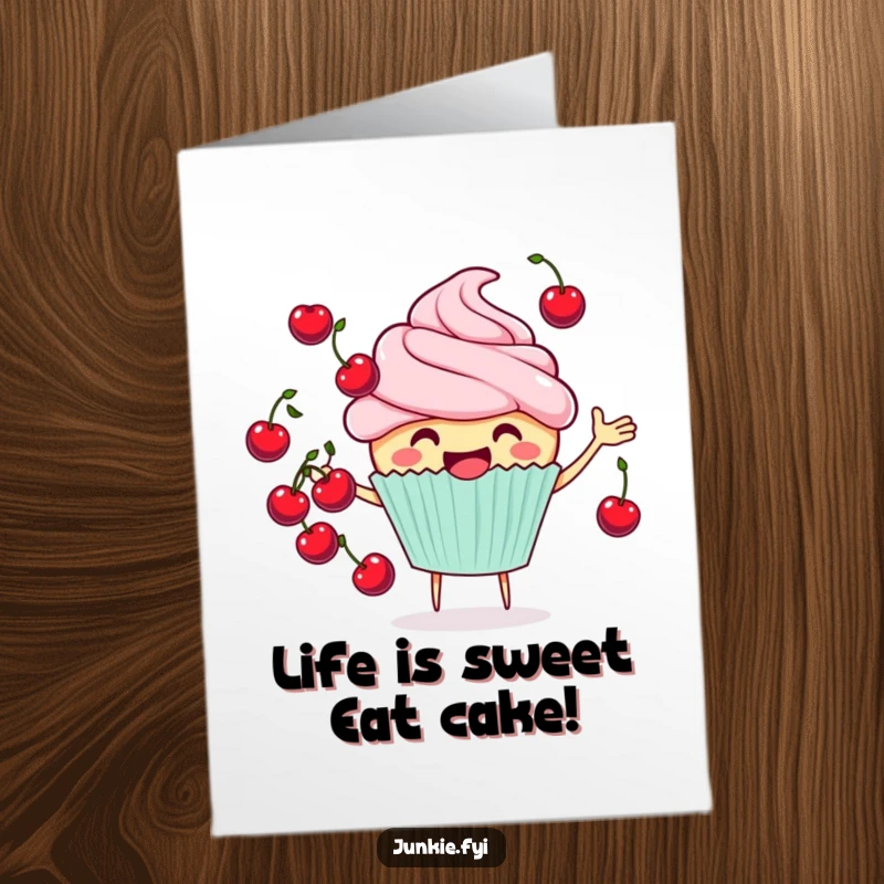 Funny Free Printable Birthday Card with a smiling cupcake character expertly juggling several small, bright red cherries with a cheerful demeanor.