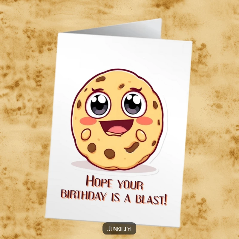 Funny Free Printable Birthday Card: Happy cookie character with big eyes takes a huge, ecstatic bite.
