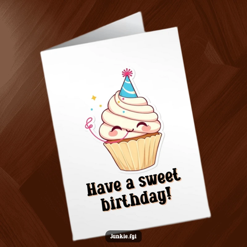 Funny Free Printable Birthday Card: Delighted cupcake character in a tiny party hat blows a streamer, celebrating birthdays.