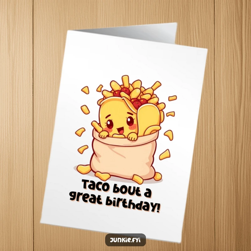 Funny Free Printable Birthday Card: Curious taco character peeks from an overflowing bag of chips, wishing happy birthday.