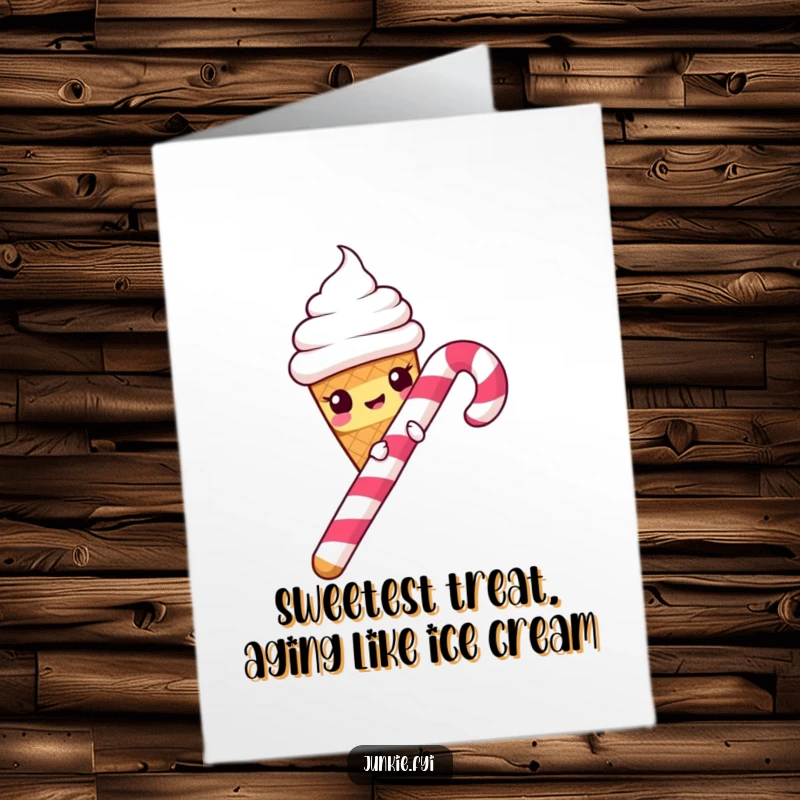 Funny Free Printable Birthday Card: Mischievous ice cream cone gleefully slides down a candy cane, spreading birthday cheer.