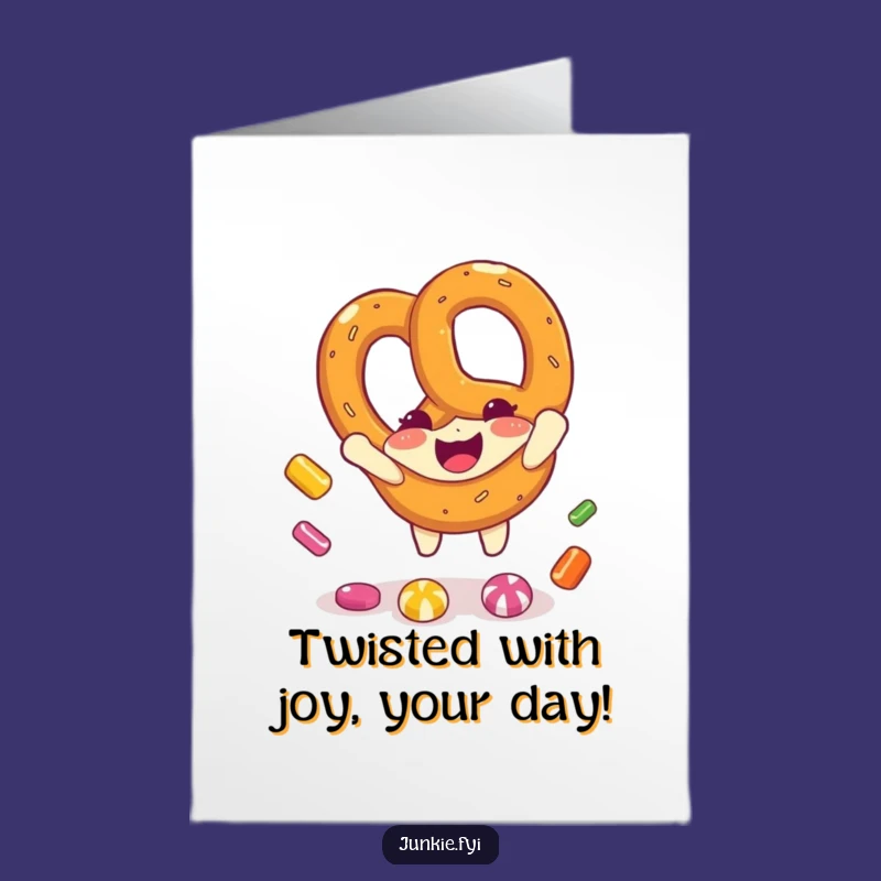 Free Printable Birthday Card: Funny Pretzel Character Catching Candy, Perfect Downloadable Gift
