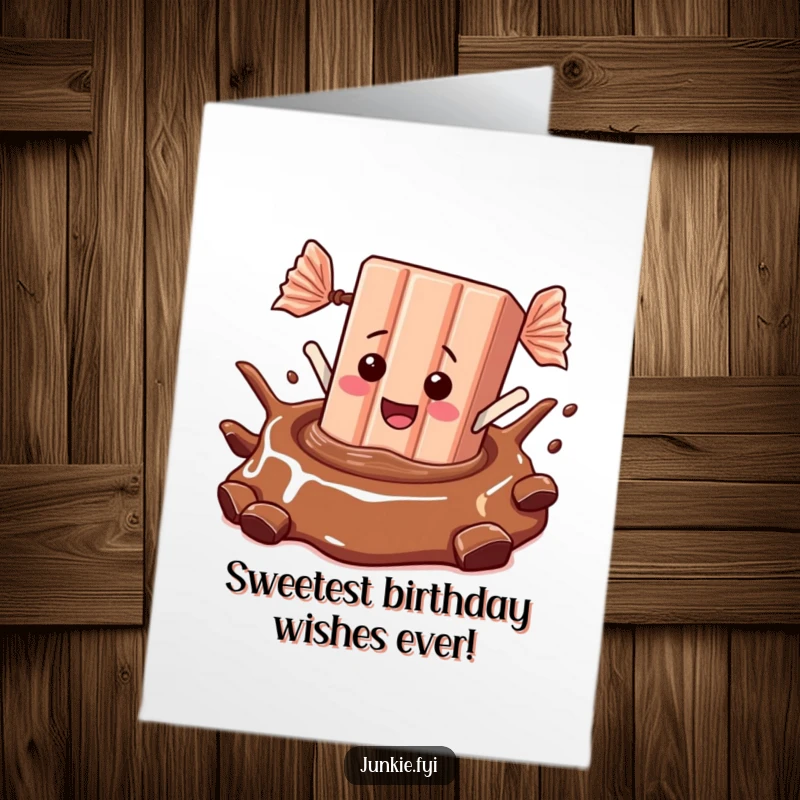 Funny Free Printable Birthday Card featuring a giddy candy bar joyfully diving headfirst into a decadent pool of chocolate.