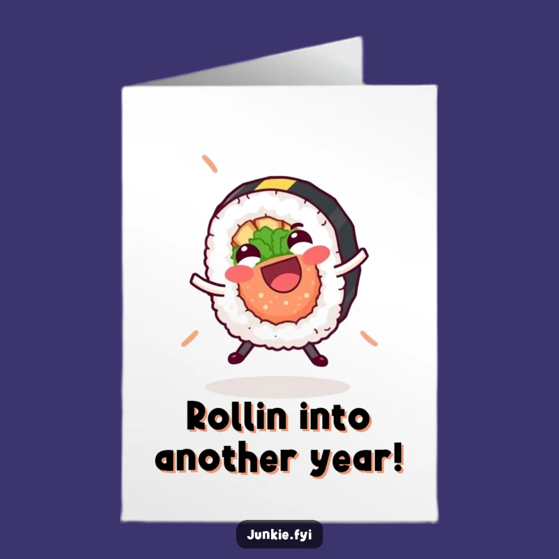 Free Printable Birthday Card: Giggling Sushi Roll Cartwheel Funny Downloadable Gift