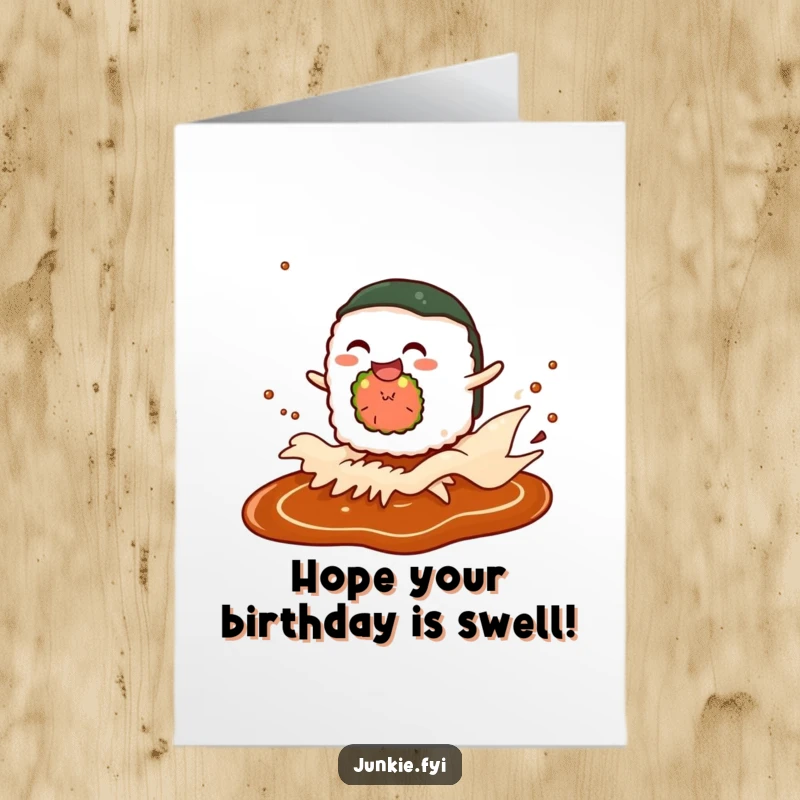 Funny Free Printable Birthday Card: Giggling sushi roll character joyfully rides a wave of soy sauce, celebrating a birthday.