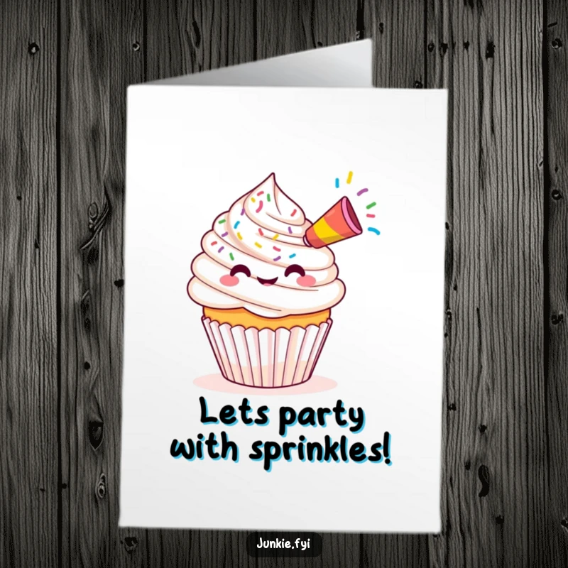 Funny Free Printable Birthday Card: A charming Kawaii cupcake blows colorful sprinkles from a tiny party horn with delight.
