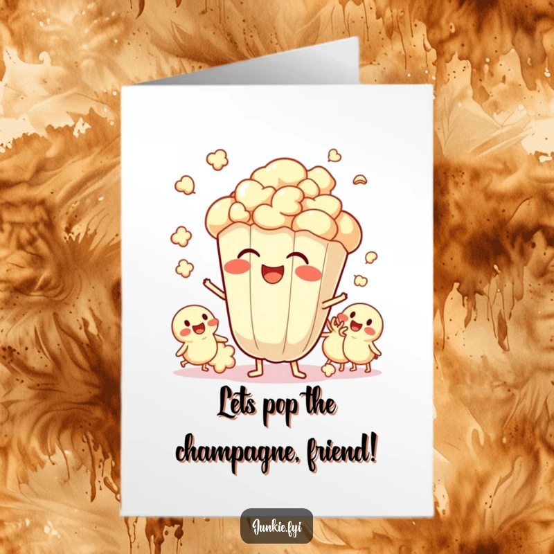 Funny free printable birthday card showing a popcorn kernel character giggling and popping with excitement among friends.