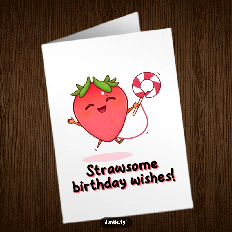 Funny Free Printable Birthday Card: A giggling strawberry joyfully jumps rope with a licorice string.