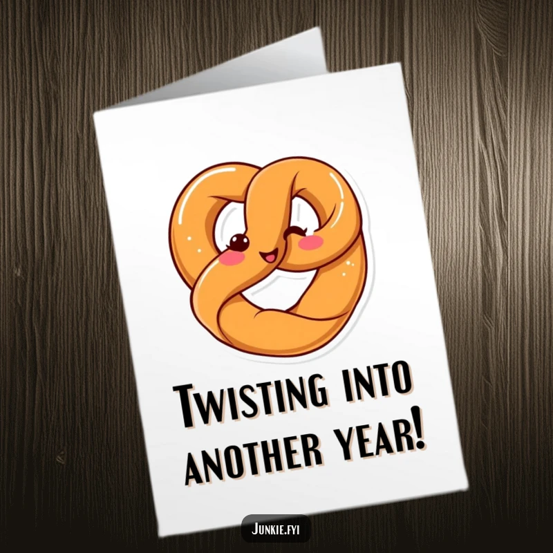 Funny Free Printable Birthday Card: A happy Kawaii pretzel happily twists into its iconic shape with a big smile.