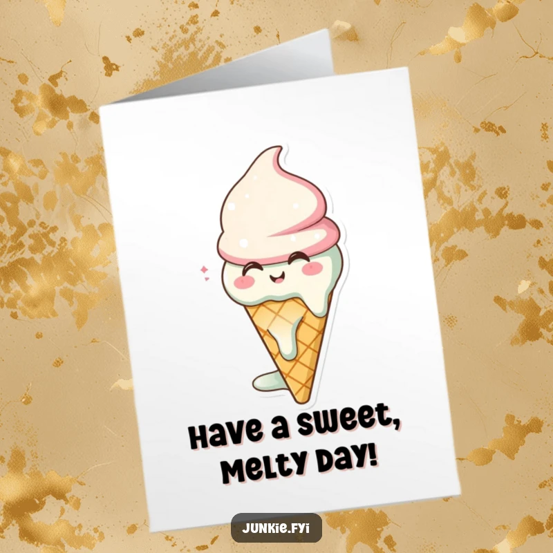 Funny Free Printable Ice Cream Cone Birthday Card, character melting happily, sweet and cheerful, perfect for a birthday treat.