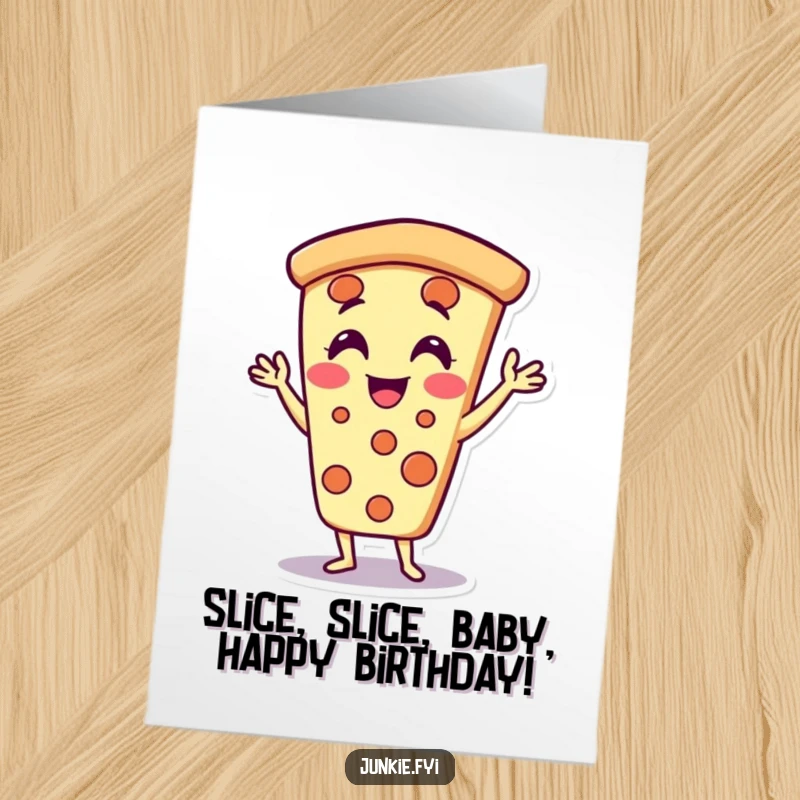 Funny Free Printable Pizza Slice Birthday Card, character doing jazz hands, delighted and enthusiastic, perfect for a fun celebration.
