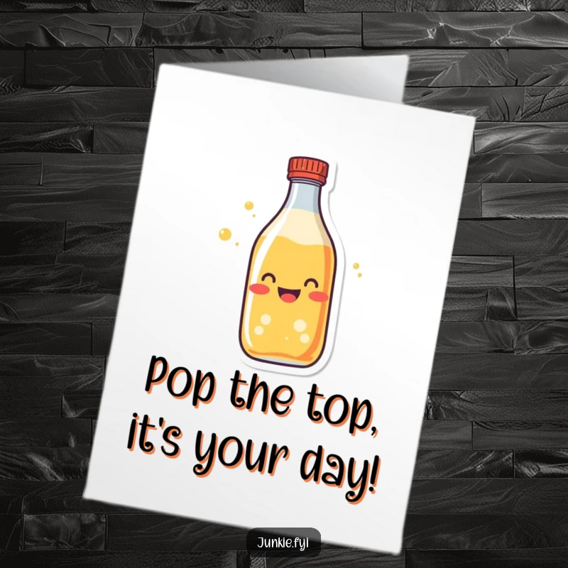 Funny Free Printable Soda Bottle Birthday Card, character fizzing with excitement, perfect for a pop-star celebration, DIY gift.