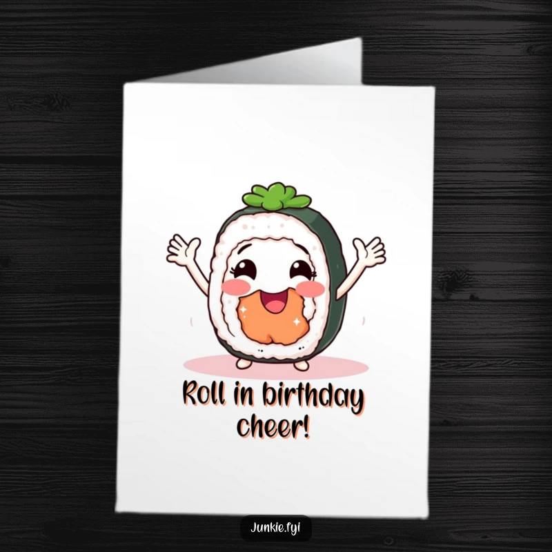 Funny Free Printable Birthday Card: A smiling sushi roll with arms enthusiastically shimmying in celebration.