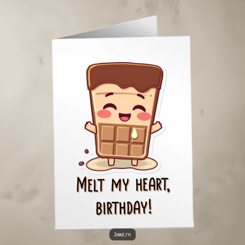 Funny Free Printable Birthday Card: A happy chocolate bar melting slightly, bursting with excitement for the birthday person.