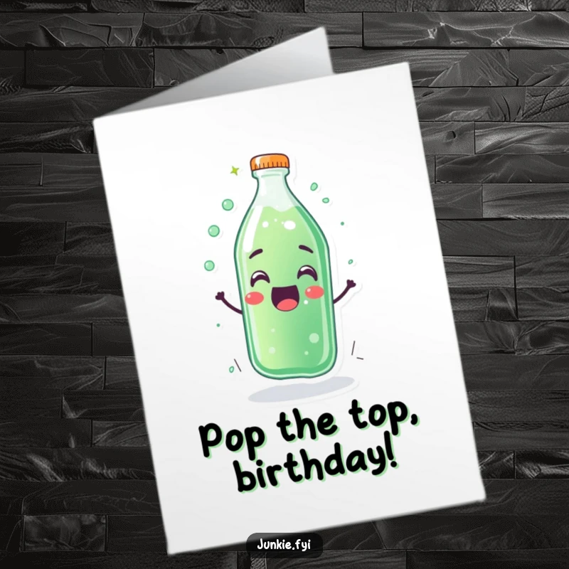 Funny Free Printable Birthday Card: A thrilled soda bottle character overflowing with fizzy happiness for the birthday person.