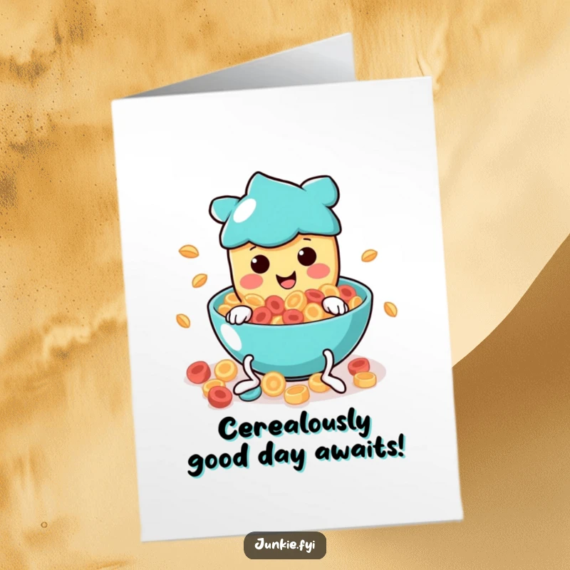 Funny Free Printable Birthday Card: Wiggly food character joyfully diving headfirst into a swirling bowl of cereal.