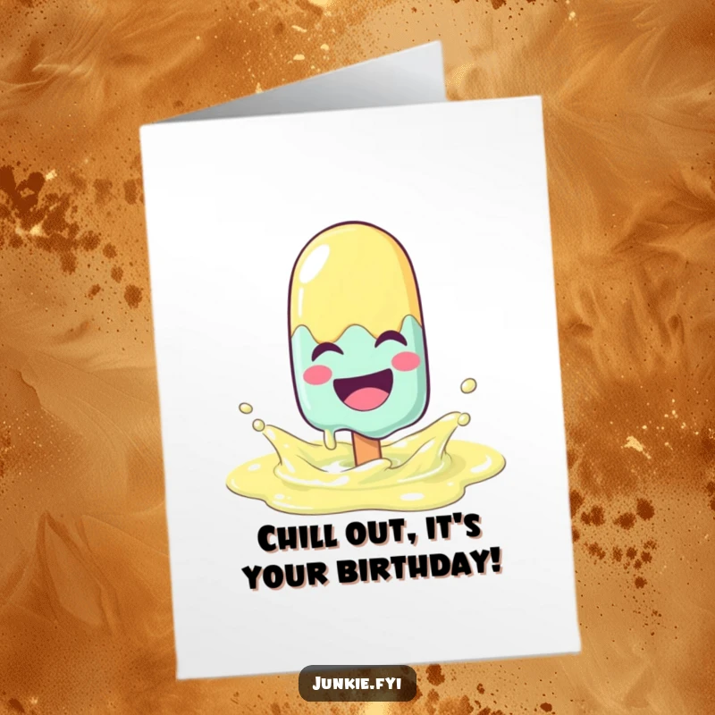 Funny free printable birthday card of a laughing popsicle character melting joyfully in a lemonade puddle.