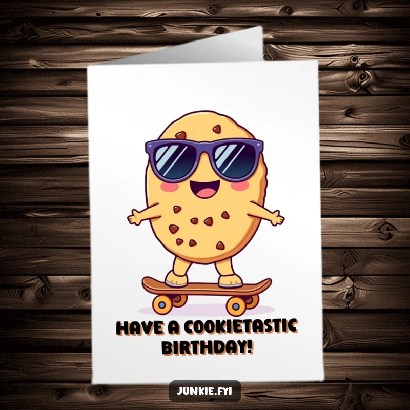 Funny Free Printable Birthday Card: A cheerful kawaii cookie character wearing sunglasses rides a skateboard, celebrating your birthday.