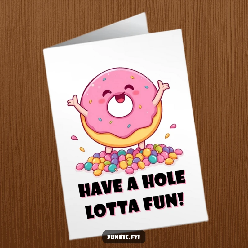 Funny Free Printable Birthday Card: A Joyful Donut Character Enthusiastically Bouncing a Heap of Candies.
