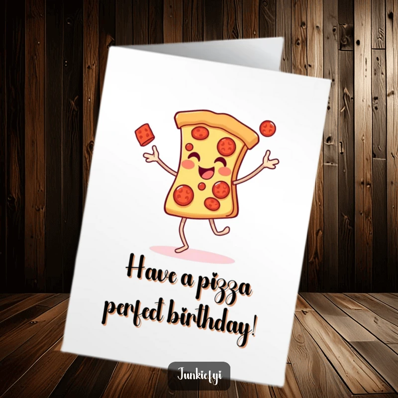 Funny Free Printable Birthday Card: A cheerful pizza slice with legs gleefully juggling pepperonis, celebrating.