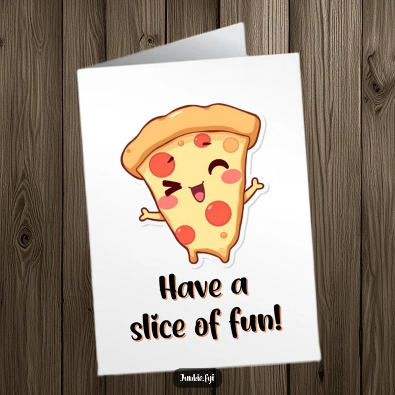 Funny Free Printable Birthday Card featuring a mischievous pizza slice character giving a playful, inviting wink.