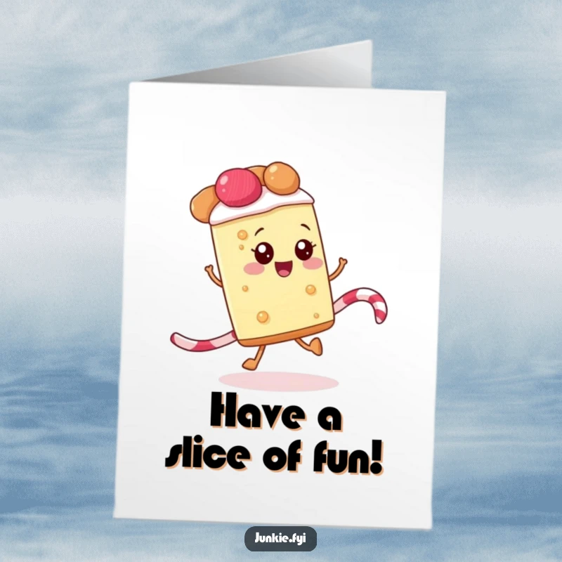 Funny Free Printable Birthday Card: A happy slice of pie cheerfully skips along a licorice rope.