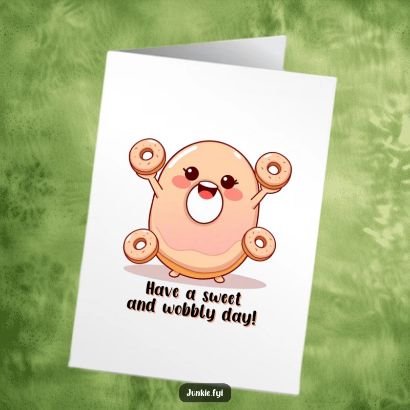 Funny Free Printable Birthday Card: A smiling jelly donut happily juggling smaller donuts with a joyful expression.